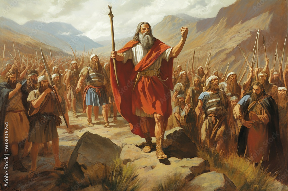 Moses leads Jews in the wilderness desert. Bible story