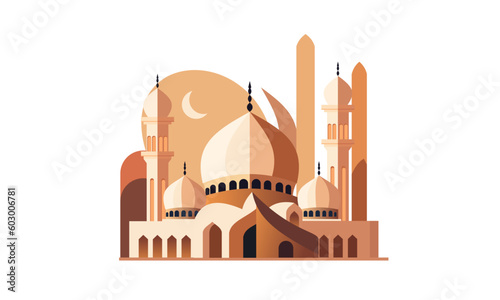 a stylized of a muslim mosque,a flat design of a masjid for Islamic organizations or communities,Beautiful Islam temple icon,crescent and cloud,Vector Illustration,Eid Mubarak greetings,Ramadan Kareem