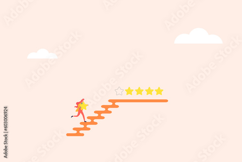 Business woman giving five star rating. concept of Feedback, survey, and customer satisfaction
