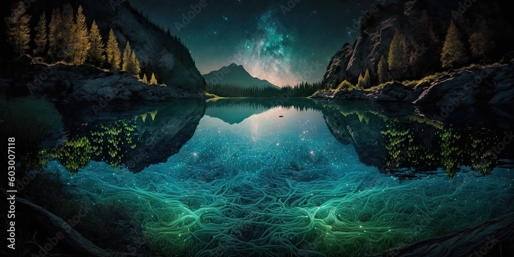 Landscape Bioluminescence glowing plankton in water fantasy. Glorious Generative AI. - obrazy, fototapety, plakaty 