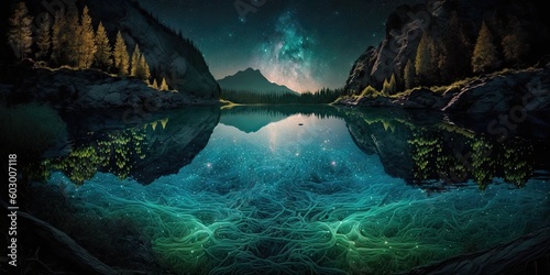 Landscape Bioluminescence glowing plankton in water fantasy. Glorious Generative AI.