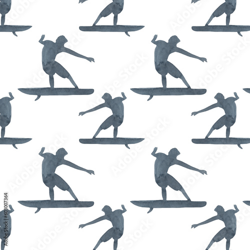 Surf boy decorative pattern with people riding on surfboard over waves flat isolated flat illustration on white background.