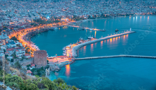 Ariel view of Alanya harbor from Alanya peninsula. Turkish Riviera by night