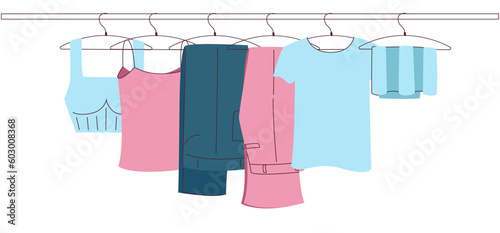 Clothes hang on hangers in a row, flat illustration on a white background