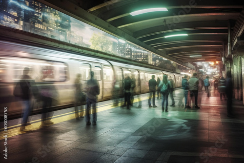 A bustling subway entrance, Long-exposure photo. generative AI © Hatia
