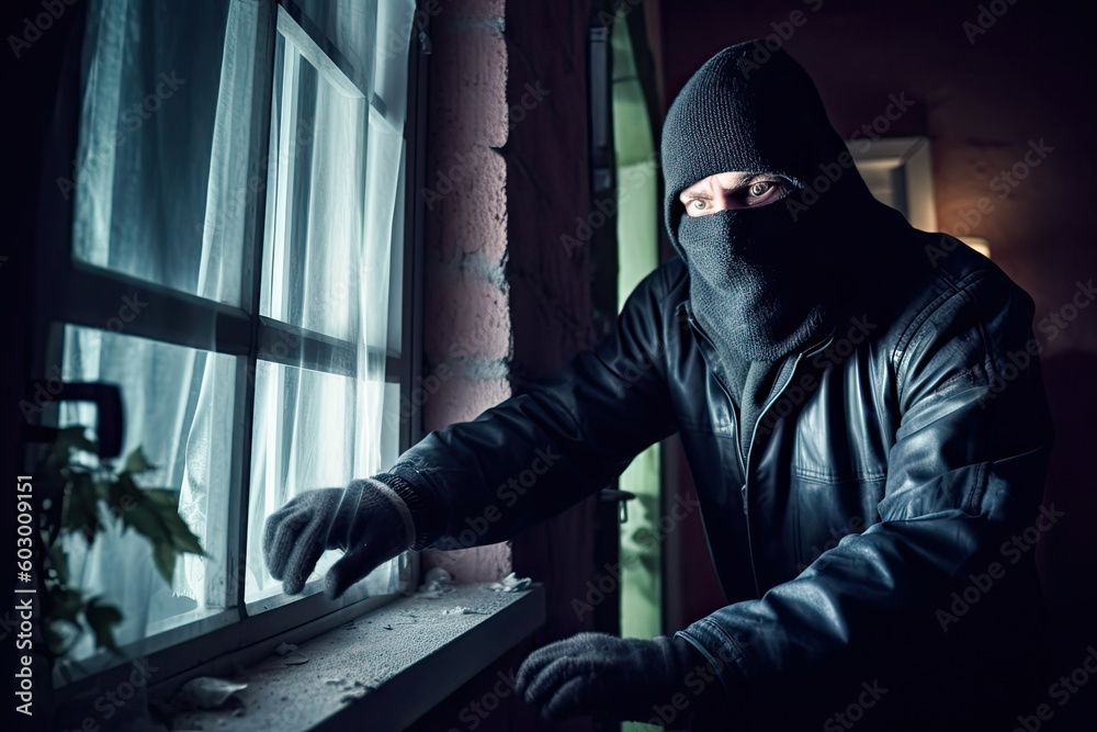 Burglar breaking into a house at night. Person in a black hoodie and mask breaking into a house. Criminal issues concept. Generative AI Burglar breaking into a house at night. Person in a black hoodie and mask breaking into a house. Criminal issues concept. Generative AI