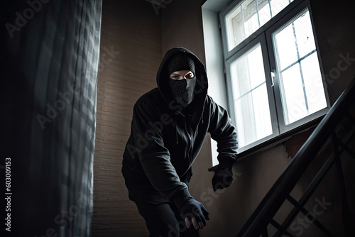 Burglar in a house. Unrecognizable person in a black hoodie and mask breaking into a house. Criminal issues concept. Generative AI