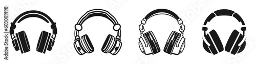 Headphones set black isolated icon. Earphone vector illustration