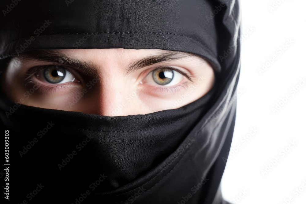 Burglar wearing black hoodie and mask closeup high key white background. Portrait of thief burglar in a balaclava. Generative AI Burglar wearing black hoodie and mask closeup high key white background. Portrait of thief burglar in a balaclava. Generative AI