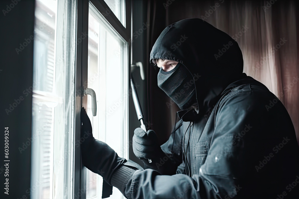 Skillful professional masked burglar opening a window. Unrecognizable person in black hoodie and mask. Criminal issues concept. Generative AI Skillful professional masked burglar opening a window. Unrecognizable person in black hoodie and mask. Criminal issues concept. Generative AI