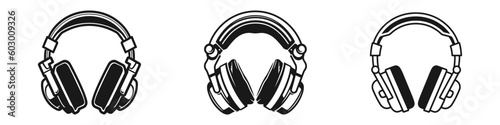 Headphones set black isolated icon. Earphone vector illustration
