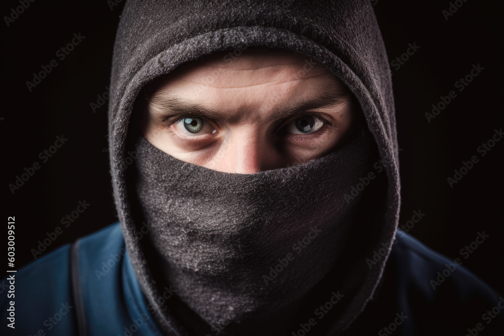 Mugshot of burglar wearing a balaclava closeup on black dark background. Portrait of thief burglar in a black hoodie and mask. Generative AI Mugshot of burglar wearing a balaclava closeup on black dark background. Portrait of thief burglar in a black hoodie and mask. Generative AI