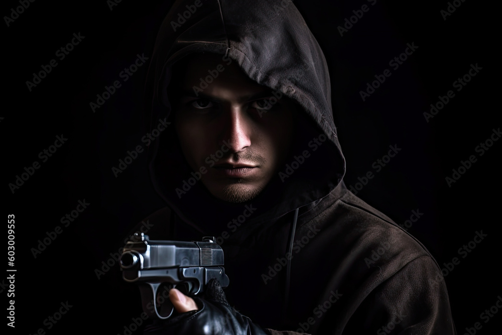 Thief with a gun closeup black background. Unrecognizable person in black hoodie and mask holding a gun. Criminal issues concept. Generative AI Thief with a gun closeup black background. Unrecognizable person in black hoodie and mask holding a gun. Criminal issues concept. Generative AI