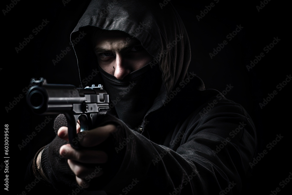 Thief with a gun closeup black background. Unrecognizable person in black hoodie and mask holding a gun. Criminal issues concept. Generative AI Thief with a gun closeup black background. Unrecognizable person in black hoodie and mask holding a gun. Criminal issues concept. Generative AI