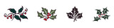Christmas vector plants set. Holly berry, christmas tree, pine, leaves branches. Vector illustration