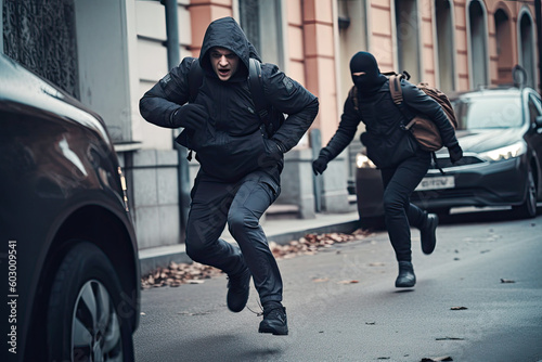 Thief running down the street with police officer chasing. Unrecognizable person in black hoodie and mask running away from police. Generative AI © MVProductions