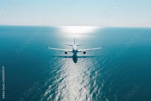 Airplane flying low over tropical sea at sunset. Advertising of a travel company, a trip to tropical islands. Holidays in hot countries. vacation Generative AI