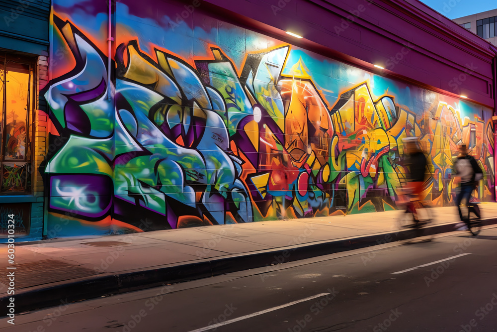 A colorful graffiti mural in an urban alley, Long-exposure photography. generative AI