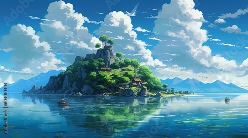 panorama of beautiful anime style fantasy island with green landscape at day using generative AI