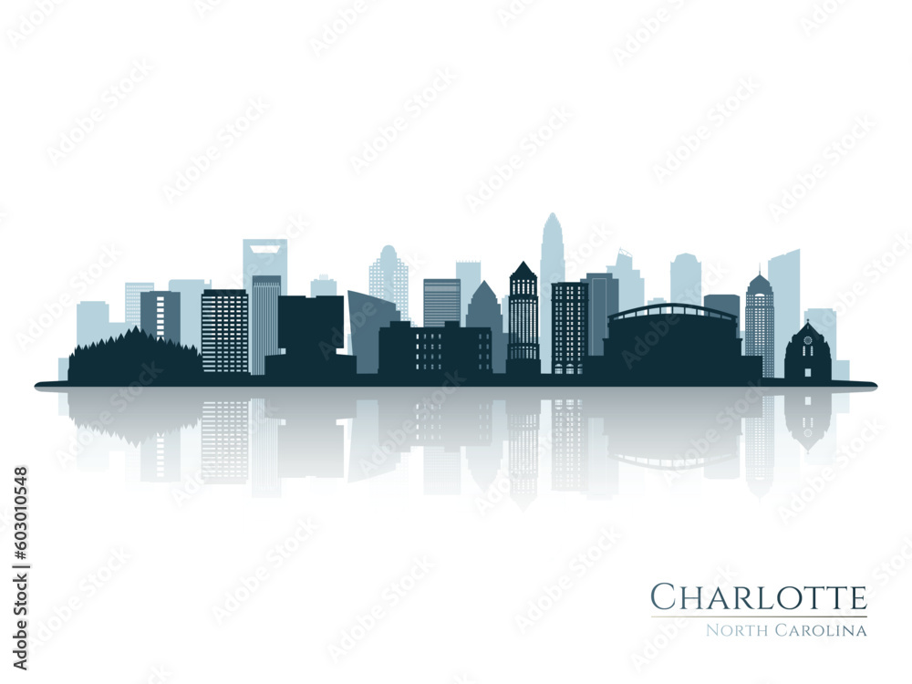 Charlotte skyline silhouette with reflection. Landscape Charlotte, North Carolina. Vector illustration.