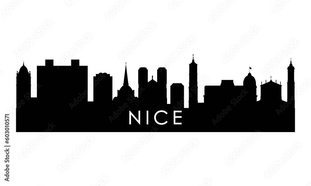 Nice skyline silhouette. Black Nice city design isolated on white background.