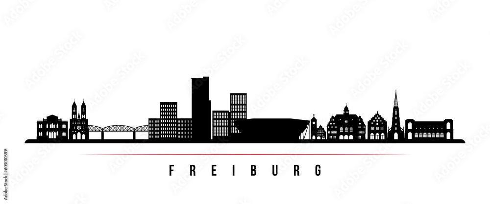 Freiburg skyline horizontal banner. Black and white silhouette of Freiburg, Germany. Vector template for your design.
