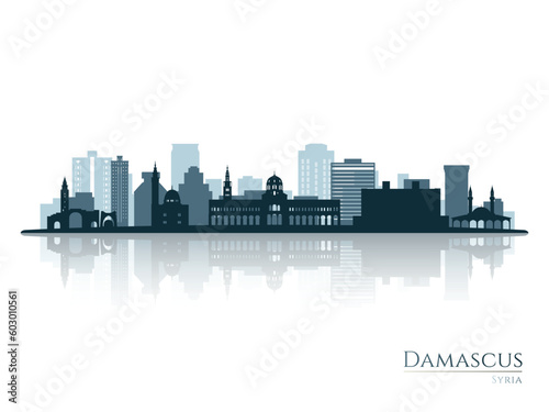 Damascus skyline silhouette with reflection. Landscape Damascus, Syria. Vector illustration.