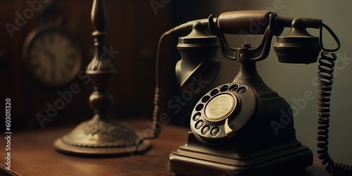 An old-fashioned telephone with a rotary dial, illustrating the charm of vintage technology, concept of Nostalgia, created with Generative AI technology
