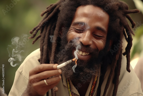 Happy rastafarian man smoking marijuana. AI	 photo