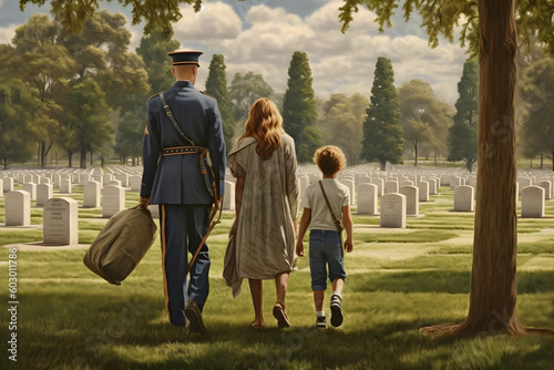 a family in a military cemetery on Memorial Day. generative AI