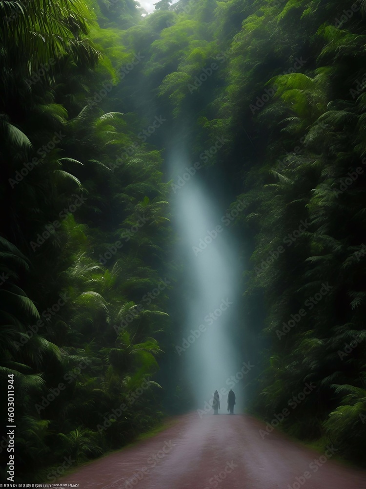 A ghost on the road in the middle of the jungle Cinematic daylight generative ai illustration