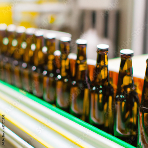 Brown bottles on conveyor belt in industrial factory. AI Image