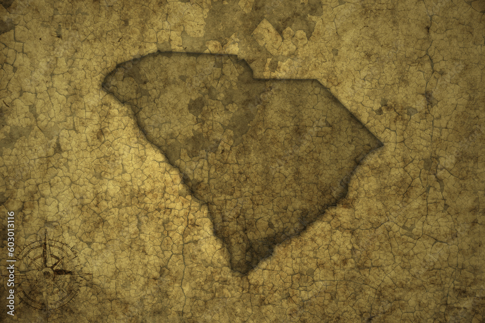 map of south carolina state on a old vintage crack paper background .