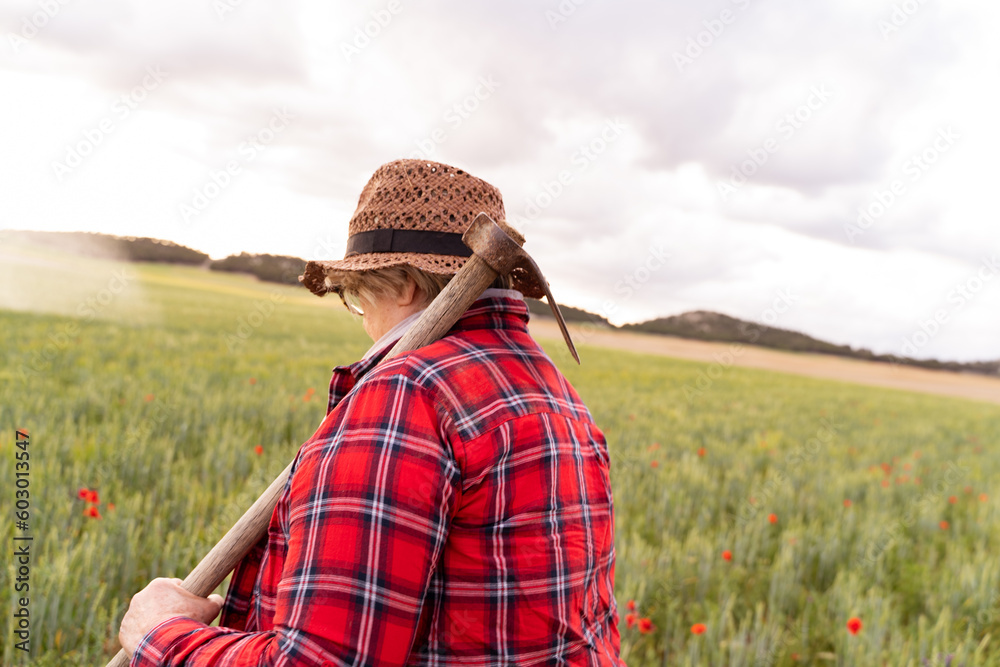 Obraz premium The grandmother dressed in a straw hat and red plaid shirt holds her hoe and walks through the fields.
