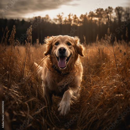 a dramatic photograph of a golden retriever dog frolicking in a field