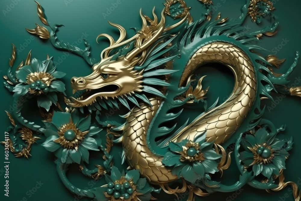 Obraz premium Happy Chinese New Year 2024 Dragon Zodiac Paper Cut Style Dragon with Flowers,wall art, wallpaper. Generative Ai