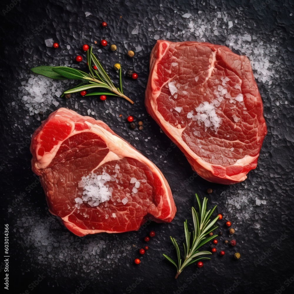 Product photo of meat decorated with salt and pepper Generative AI