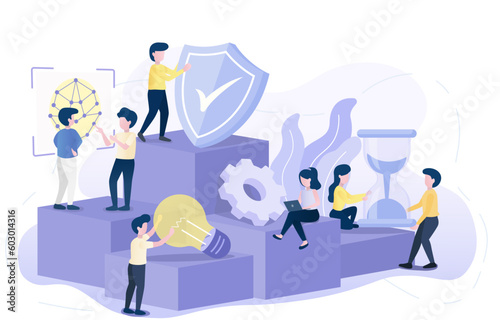 Business idea concept. Business people on platform discussing prevention, management, planning, thinking, brainstorming, improvement and development. To achieve success. Vector illustration.