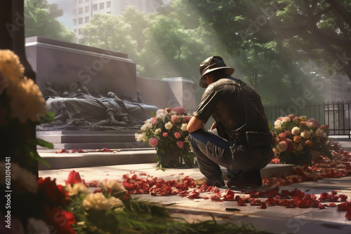 a man laying flowers at a war memorial during a Memorial Day. generative AI