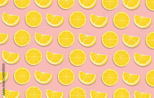 Two different slices of yellow lemon in pink summer background. Summer bright tropical fruit seamless pattern.