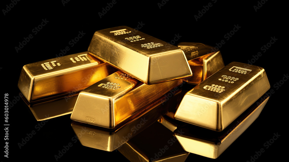 Gold ingots, with a black background. ia generative