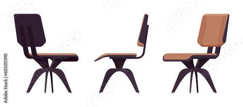 Solid wood swivel chair furniture set in natural brown, black. Computer, study or leisure room, balcony, bar, coffee shop interior. Vector flat style cartoon home, office isolated on white background