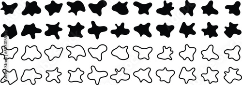 Abstract liquid black Organic amoeba blob shapes set. Fluid liquid irregular blob shape abstract elements drops with outline circle graphic flat style © Designstockio