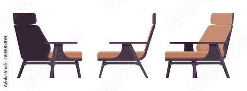 Armchair, leisure furniture set in natural brown, black. Living room accent, bedroom comfortable armrests, TV, nap time lounge area. Vector flat style cartoon home, office isolated on white background