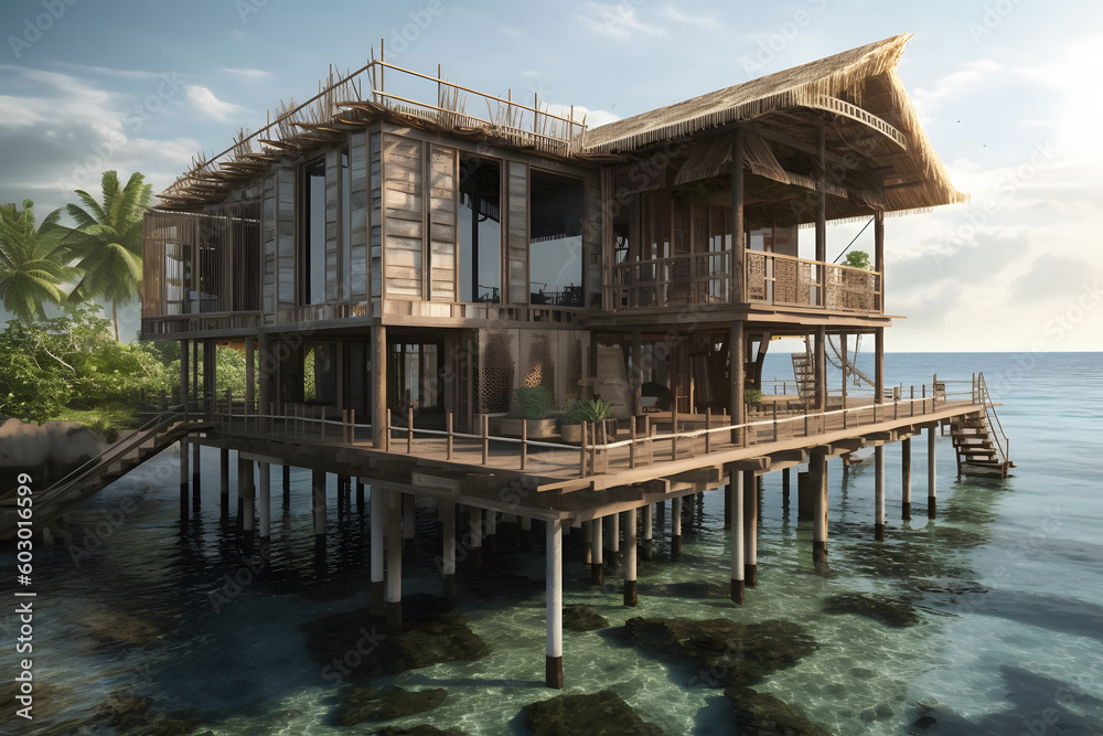A modern design of coastal Indonesian stilt house. generative AI