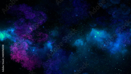 Abstract space illustration of blue and pink clouds and fractal stars on black background. Used for design and creativity, for screensavers.