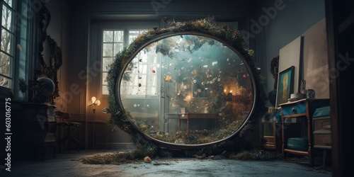 A mirror reflecting a parallel, fantasy world where everyday objects take on magical qualities and enchanting properties, concept of Alternate reality, created with Generative AI technology