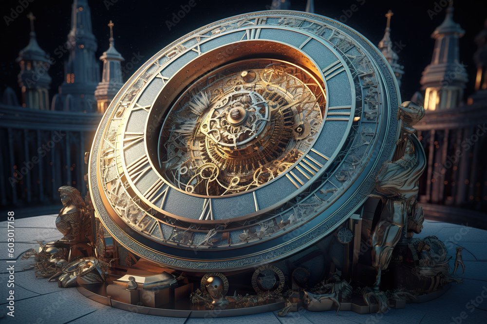 A large astrological clock. Generative AI.