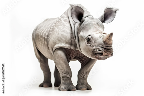 A close up of a rhino on a white background. Generative AI.