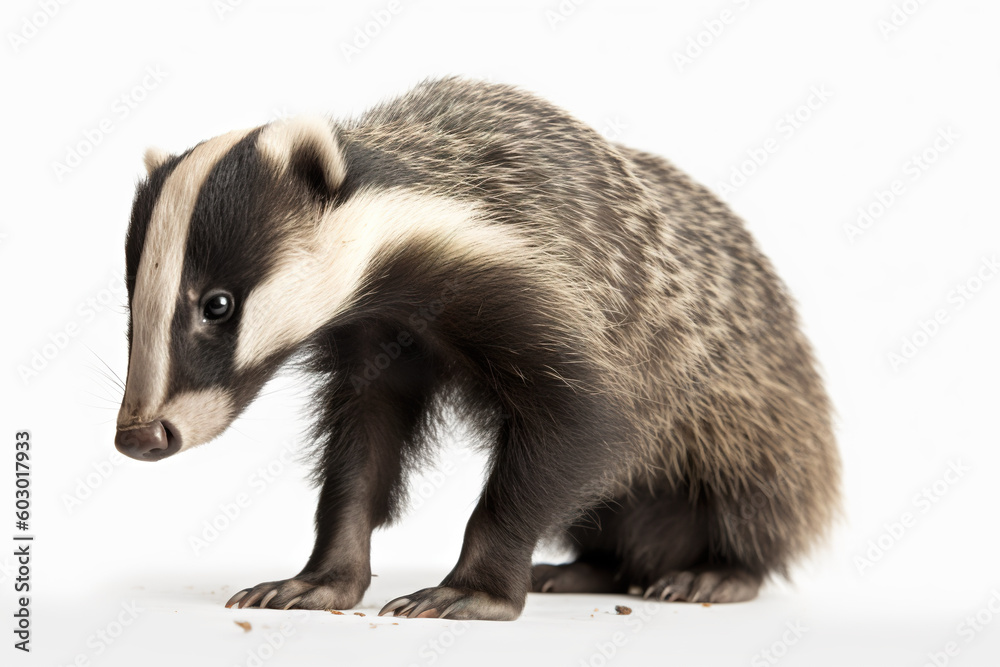 A small badger is standing on a white surface. Generative AI. A small badger is standing on a white surface. Generative AI.